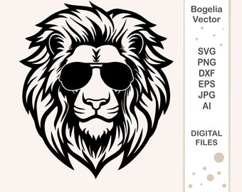 Lion Svg Cut file, Lion with Glasses Svg, Wild Animal Svg, Cricut, Silhouette, Outline, Shirt Designs, Instant Download