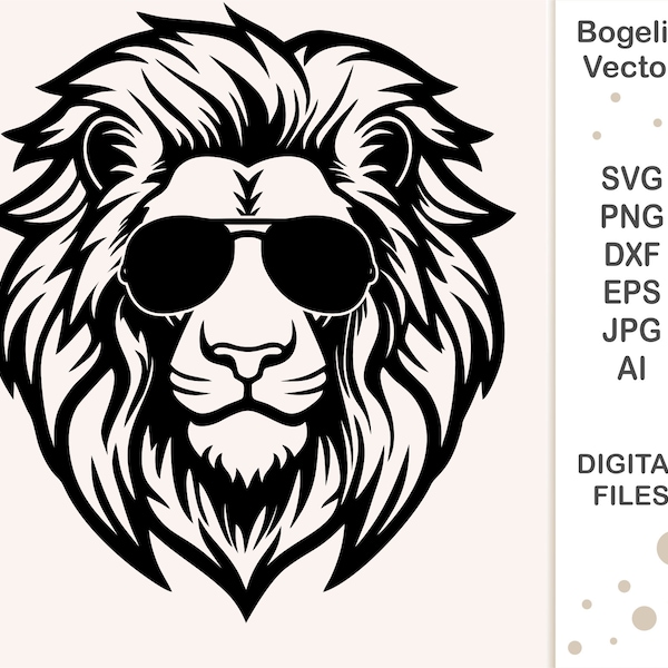 Lion Svg Cut file, Lion with Glasses Svg, Wild Animal Svg, Cricut, Silhouette, Outline, Shirt Designs, Instant Download