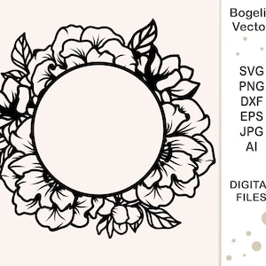 Floral Circle Frame Svg, Wreath Frame Cut file, Wreath Svg, Round Flower Frame, Floral Border, Wedding Frame, Flowers, Monogram Name Frame