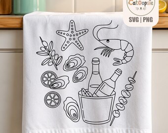 Küsten-Meeresfrüchte SVG PNG, Austern, Garnelen und Wein SVG, Mediterraner Sommer Cricut-Schnittdateien Digitaler Download, Gravur