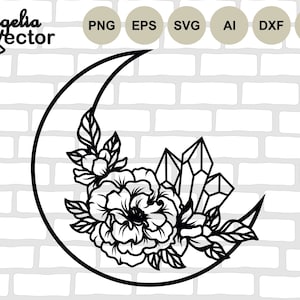 Mystical Svg, Crystal Moon Svg, Moon Cut file, Magic Crystals Svg, Crystal cut file, Flowers Svg, Floral Moon Svg,Crystal Floral, Boho