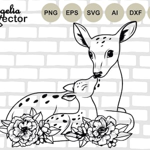 Mom and Baby Deer Svg, Deer Cut file, Floral Baby Deer Png, Deer Family Svg, Fawn with Flower, Forest Cute Animal, Woodland Animal, Reindeer