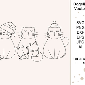 May include: Three black and white line drawings of cats wearing festive attire. The cat on the left is wearing a Santa hat, the cat in the middle is wearing a string of Christmas lights, and the cat on the right is wearing a winter hat.