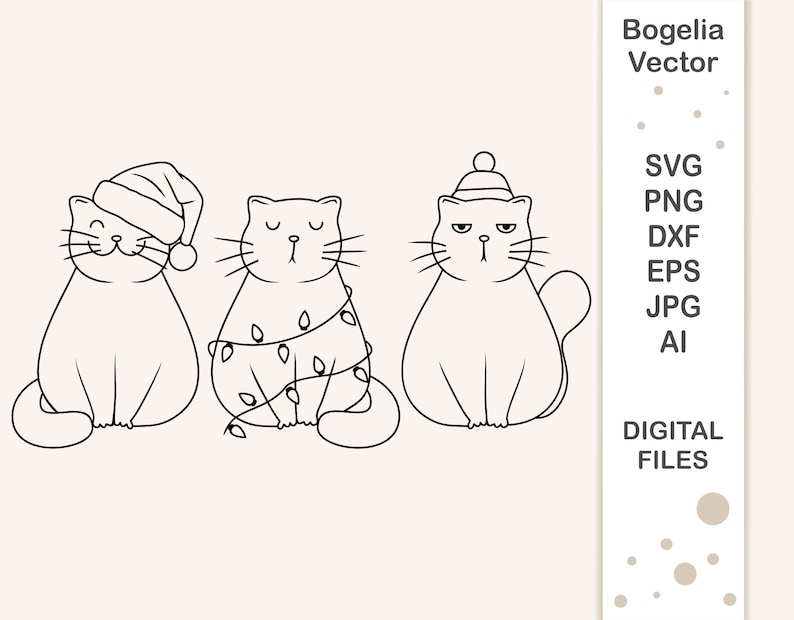 May include: Three black and white line drawings of cats wearing festive attire. The cat on the left is wearing a Santa hat, the cat in the middle is wearing a string of Christmas lights, and the cat on the right is wearing a winter hat.