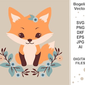 Cute Fox Svg cut file, Baby Fox with Flowers Svg, Forest Woodland Animal, Baby Animal Svg, Cricut, Silhouette, Child Svg Designs, Shirts
