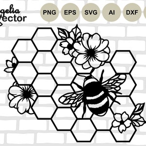 Bee Svg-bestand, gesneden bestand, Floral Bee Honey Svg, honingraat Png, Cricut, sjabloon, silhouet, hommel Svg-ontwerpen, bloemen, Svg voor shirts