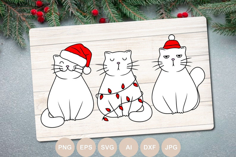 May include: Three white cats wearing Christmas hats and decorations. The cat on the left is wearing a Santa hat, the cat in the middle is wrapped in Christmas lights, and the cat on the right is wearing a red stocking cap.