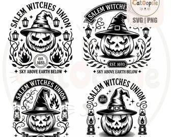 Salem Witches Union Bundle SVG, Halloween Kürbis Hexe Vektor, Set Vintage Hexenhut PNG, Gruselige Gravurvorlage, Cricut Schneidedatei