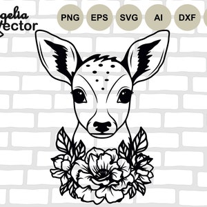 Hirsch mit Blumen SVG, Baby Deer SVG, Baby Deer Cut-Datei, Floral Hirsch, Waldtiere, Baby Tier, Rentier, süßes Reh, Wald, Print