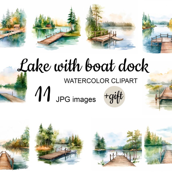 lake with Boat Dock Clipart, Watercolor Jpg, Printable Art, Digital Paper Craft, Scrapbook, Junk Journal, Instant Download, Commercial Use