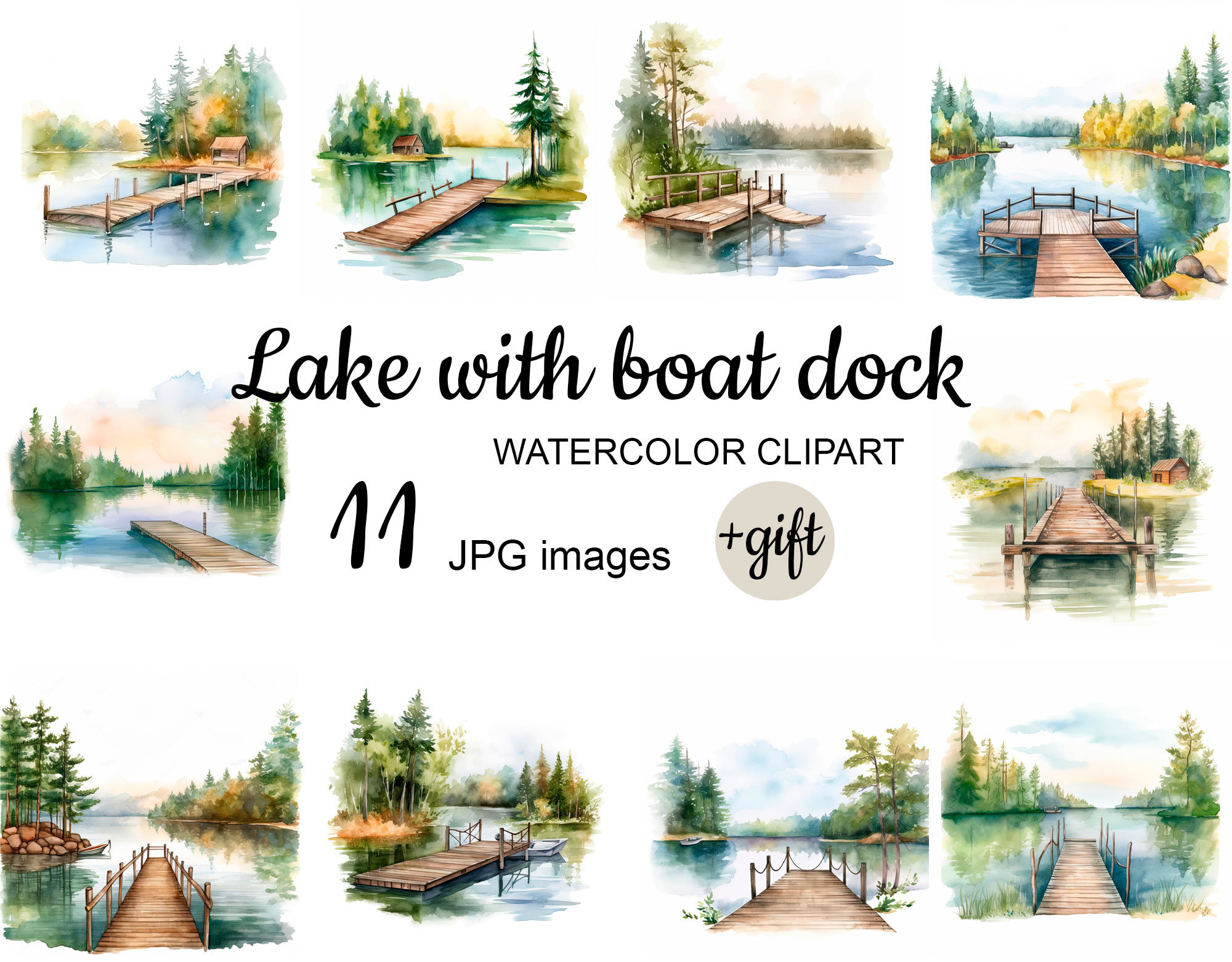 Lake With Boat Dock Clipart Watercolor Jpg Printable Art Etsy Australia