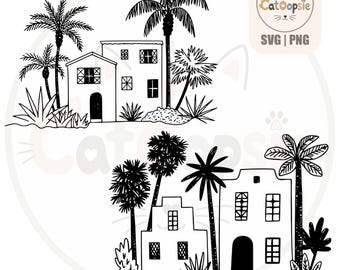 Mediterranes Haus SVG PNG-Bundle, Wandbild mit tropischen Palmen, Boho-Küsten-Dekoration, Lasergeschnittener Vektor-Download, Gravur