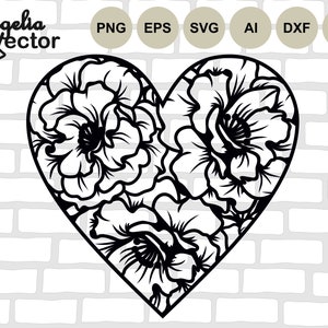 Arquivo de corte SVG de coração floral, perfeito para cartões, camisetas, decoração de casa e artesanato DIY, download instantâneo