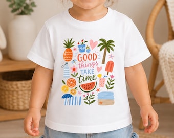 Babyshirt Good Things Take Time, baby zomer-T-shirt, leuk positief citaat babyshirt, kleurrijk grafisch T-shirt baby, inspirerende baby-outfit