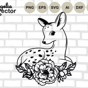 Floral Deer Svg, Deer Cut file, Cute Baby Deer, Woodland Animals, Reindeer Svg, Forest Animal, Deer with Flowers, Fawn Print Png, Silhouette