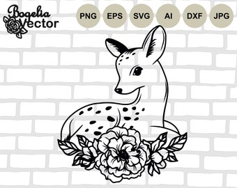 Floral Deer Svg, Deer Cut file, Cute Baby Deer, Woodland Animals, Reindeer Svg, Forest Animal, Deer with Flowers, Fawn Print Png, Silhouette
