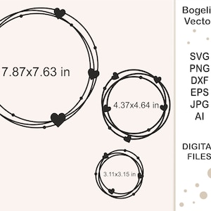 ハート付きフレーム SVG、円形フレーム カット ファイル、シャツ用リース フレーム SVG、ダブル フレーム、愛、結婚式、誕生日、バレンタイン デー SVG デザイン