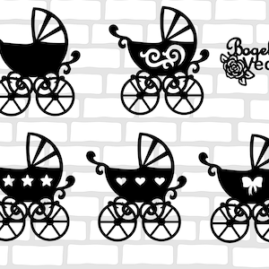 乳母車 SVG バンドル、ベビーカー、ベビーカーのシルエット クリップアート、アウトライン、新生児、馬車、デジタル ペーパー カット ファイル、DXF、PNG、男の子、女の子、お母さん