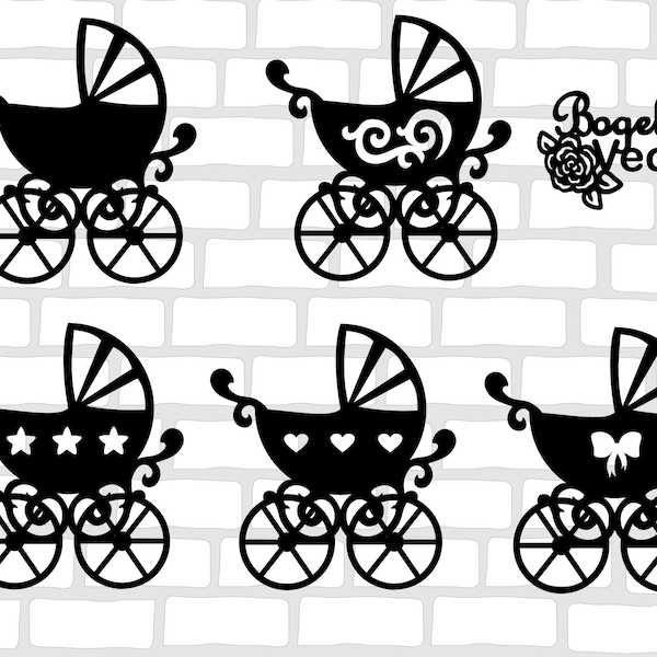 Pram SVG Bundle, Baby Stroller, Baby Buggy Silhouette Clipart, Outline, Newborn, Carriage, Digital Paper Cut File, Dxf, Png, Boy, Girl, Mom