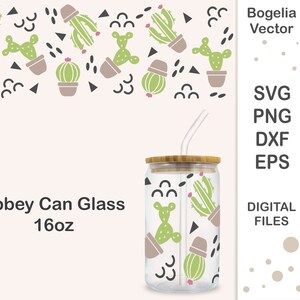 Libbey Glass 16oz Cactus Svg, Cut File, Seamless Wrap Libbey Can Glass Svg, Succulent, Wrap Svg, Cricut, Silhouette, Clipart, Png