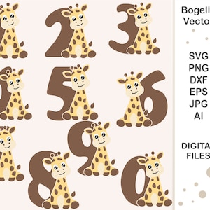 誕生日キリン SVG バンドル、数字 0-9 SVG カット ファイル、ジャングル、誕生日 SVG、かわいいキリン、シャツ、サファリ、シルエット、クリカット、商用利用