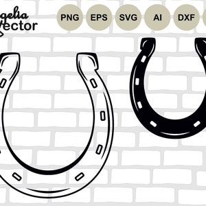 May include: Two black horseshoe outlines on a white brick background. The horseshoe on the left is a thin outline, while the horseshoe on the right is a thicker outline.