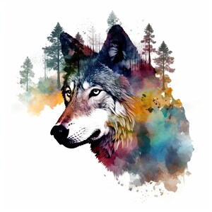 Wolf and Forest Double Exposure Head Clipart, 9 High Quality Jpgs ...