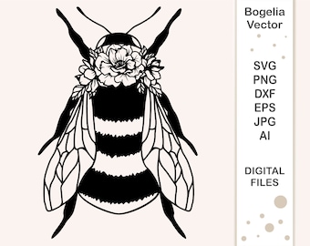 Bee with Flowers Svg, Cut file, Floral Bee Svg for Shirts, Bumble bee Svg, Cute Bee Svg, Silhouette, Svg Cricut, Vector, Svg Designs, Png