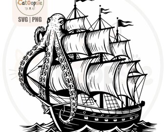 Vintage-Oktopus-Piratenschiff SVG PNG, Nautisches Kraken-Seeungeheuer-Design, Lasergeschnittene Vektorgrafik für Cricut, Digitaler Download