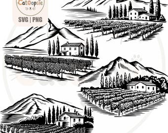 Toskanisches Weinberg-SVG-Bundle (PNG), Italienische Weinlandschaft, Vintage-Weingut-Vektor, Cricut-Laserschnitt, digitaler Download, Gravur
