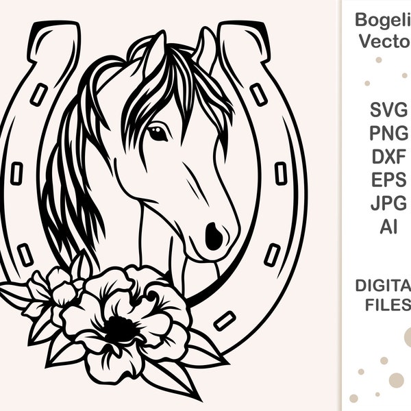 Fleur Fer à cheval svg, Cheval svg, Floral Svg, Fichier de coupe en fer à cheval, Vecteur, Chemises, Silhouette, Svg équestre, Png, Cricut, Tête de cheval svg