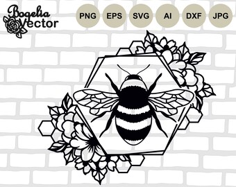 Bee Svg, Bee Cut file, Floral Bee, Bee with Flowers, Honeycomb, Honey Bee, Bumblebee Png, Flower Frame, Hexagon, Svg for Shirts, Silhouette