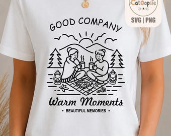 Gute Gesellschaft – Warme Momente (SVG/PNG), Camping-Linienzeichnung, Laserschnittdatei, Gravurvektor, Familienpicknick-Druck