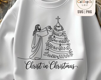 Christus in Weihnachten (SVG/PNG), Jesus schmückt den Weihnachtsbaum, Christliche Weihnachtsvektorgrafik (PNG), Weihnachtszitat, Lasergravur-Schnittdatei