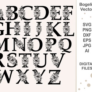Alfabeto floral Svg, arquivo de corte A-Z, alfabeto de flores Svg, monograma Svg, designs Svg de casamento, Svg para camisas, Svg botânico, Cricut, Silhueta