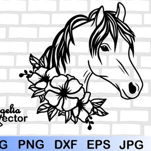 Floral Horse Svg bestand, Horse Cut bestand, Horse Head Svg, Horse Vector, Animal Face Svg, Cute Horse Face, Silhouette Cricut, Paard met bloemen