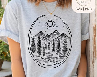 Bergwald SVG, Kiefer Landschaft SVG, Natur Linie Kunst PNG, Wildnis Berg Szene Vektor, Cricut Cut Datei