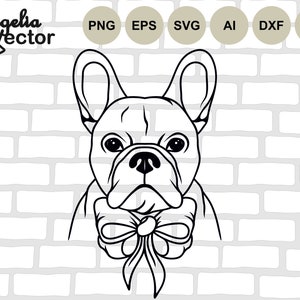 Hund SVG, Französische Bulldogge mit Schleife, Hund Schnittdatei, Tier, Bulldogge SVG, Frenchie, Haustier Gesicht, lustiger Hund Png, niedlich, Shirt-Design, Silhouette