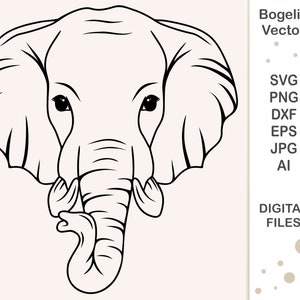 May include: Black and white line art illustration of an elephant's head with its trunk curled up. The elephant has large ears and a detailed trunk.