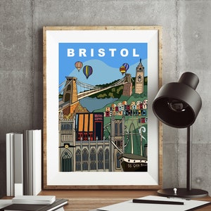 Bristol Landmarks Poster - Clifton Suspension Bridge, SS Great Britain, Cabot Tower, Bristol Cathedral, Bristol Old Vic, A4 Print, A3 Print