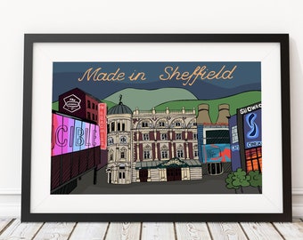 Sheffield Poster - Creative, cultural cityscape. The Leadmill, Theatres, The Crucible, Millennium Gallery, Lyceum Theatre, The Showroom