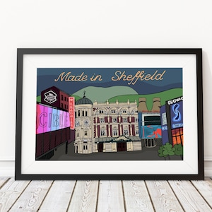 May include: A colorful illustration of the Sheffield city skyline, featuring the Crucible Theatre, The Lyceum Theatre, and the Showroom Cinema. The text "Made in Sheffield" is written in orange at the top of the image.