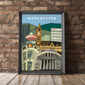 Manchester Landmarks Print Poster. Fine Art Print. Printworks, Beetham Tower, Urbis, Manchester Town Hall, Manchester Library, Urbis. Giclee