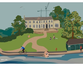 Puede incluir: Una ilustración de dibujos animados de un edificio con la palabra "clubhouse" sobre la entrada. El edificio está rodeado de árboles verdes y hierba. Hay personas caminando, en bicicleta y sentadas en la hierba. Hay un pequeño edificio con un techo verde en la esquina inferior derecha de la imagen.