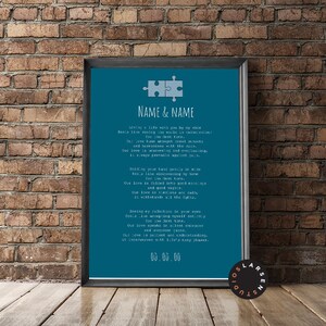 Impresión personalizada de San Valentín de aniversario / Poema de amor original / Impresión personalizada de fecha y nombre / Regalos de aniversario / Poema de pieza de rompecabezas