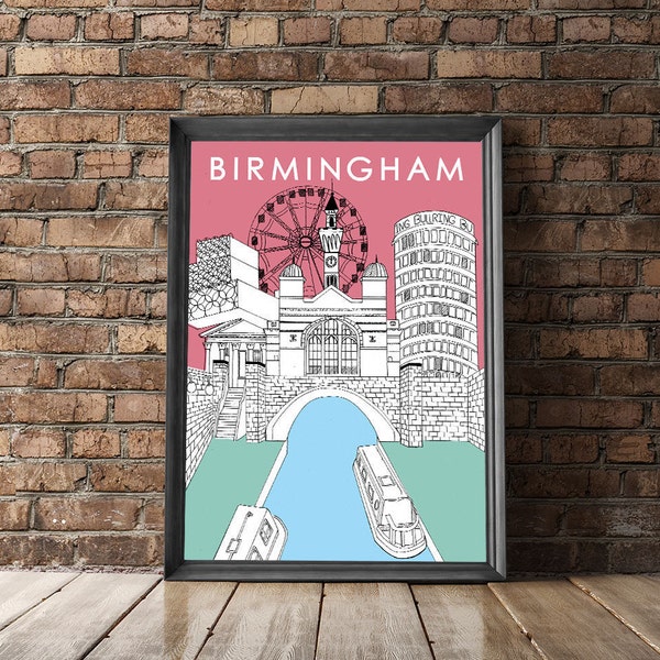 Impression de la ville de Birmingham | Poster imprimé monuments de Birmingham | Birmingham, Angleterre | Art mural | Impression de l'Université de Birmingham | Art de Birmingham