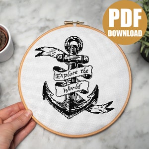 Explore The World | Cross Stitch Pattern | X-Stitch | XStitch Pattern | Anchor | Black and White | Simple | Instant PDF Download