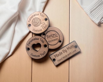 Personalised Wooden Tags – Custom Buttons for Crafts, Knitting & Crochet | Engraved "Made with Love" Heart in Circle for Handmade Gifts