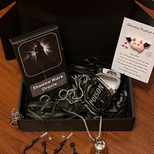 Puede incluir: Una caja de regalo negra que contiene una baraja de cartas Shadow Work Oracle, un recipiente etiquetado como Poison, un collar de cadena plateada con un colgante en forma de campana, pendientes de alambre de púas, un anillo y una tarjeta Ghostie Pocket Hug.