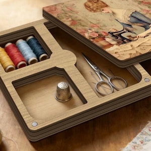 Vintage Sewing Box Wooden for organising needles and threads.
